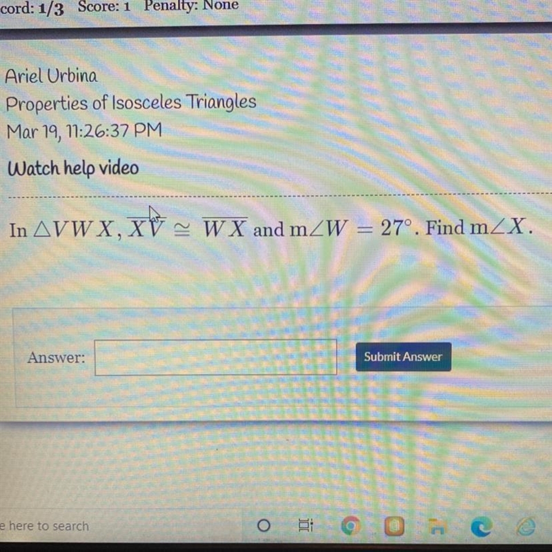 In AVWX, XV W X and mW - 27°. Find m_X.-example-1