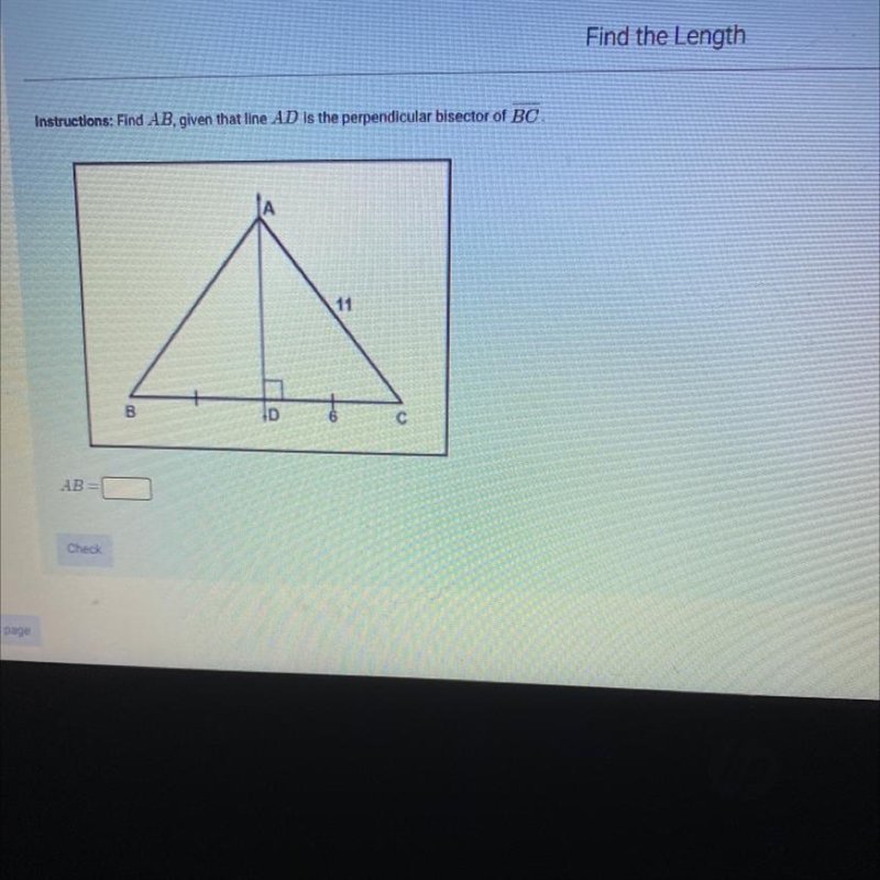 Find AB, given that line AD is the perpendicular bisector of BC-example-1