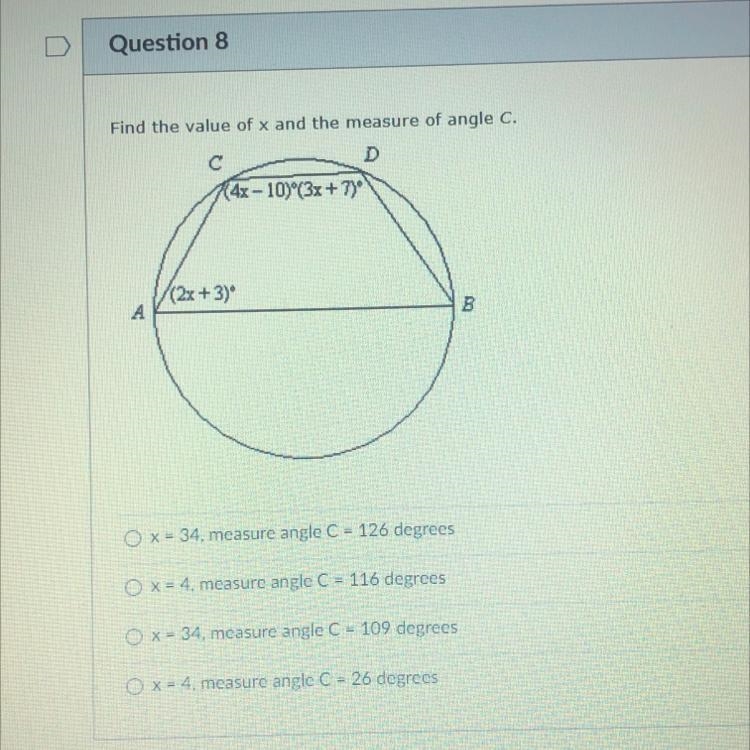 Help pls!! Find the value of x and the measure of angle C-example-1