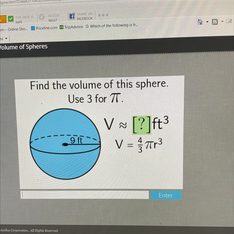 Find the volume of this sphere. Use 3 for TT.-example-1