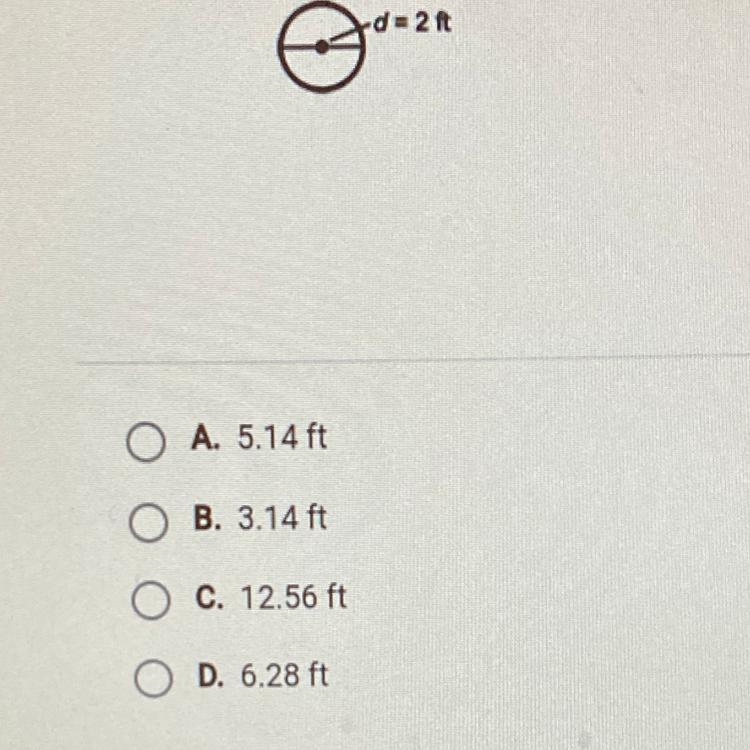 What is the circumference of a circle with a diameter of 2 feet? Use 3.14 for TT.-example-1