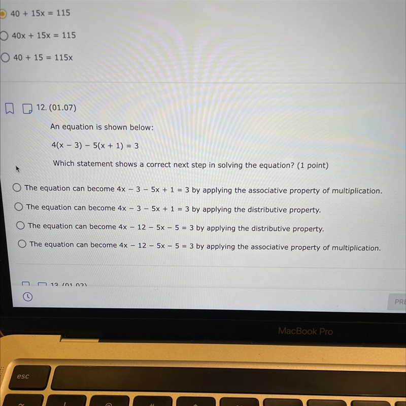 An equation is shown below: 4(x - 3) - 5(x + 1) = 3 Which statement shows a correct-example-1