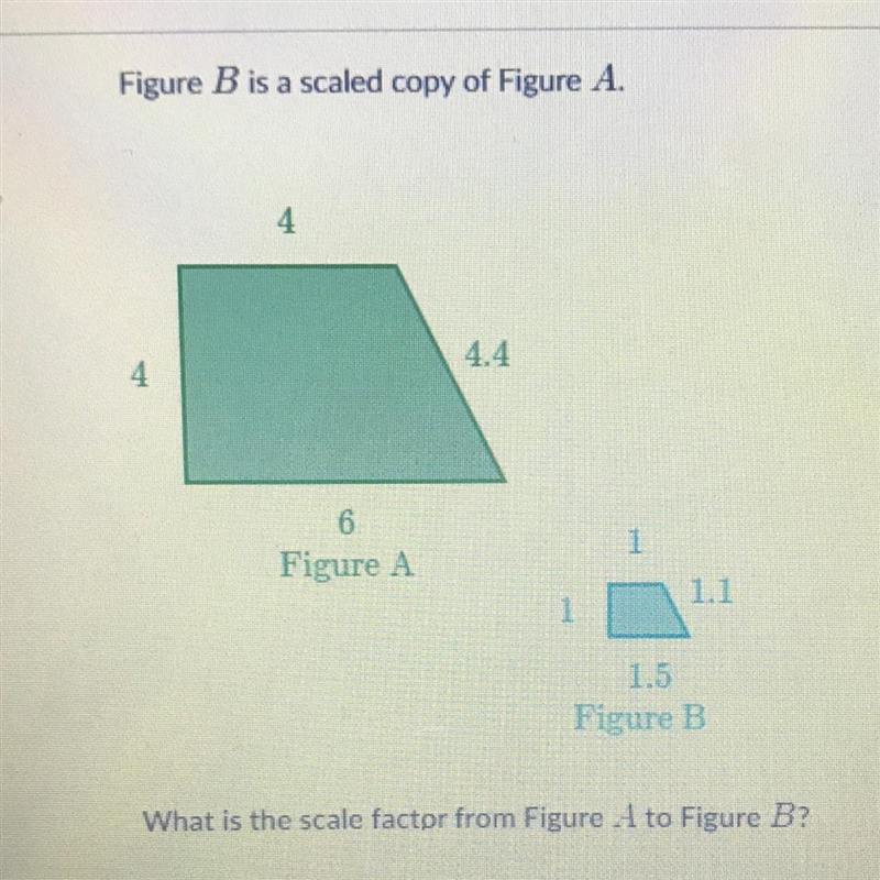 Figure B is a scaled copy of Figure A. What is the scale factor from Figure A to Figure-example-1