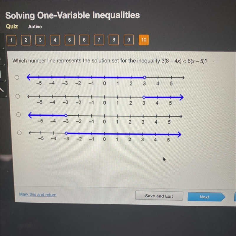 Which number line represents the solution set for the inequality 3(8 – 4x) < 6(x-example-1