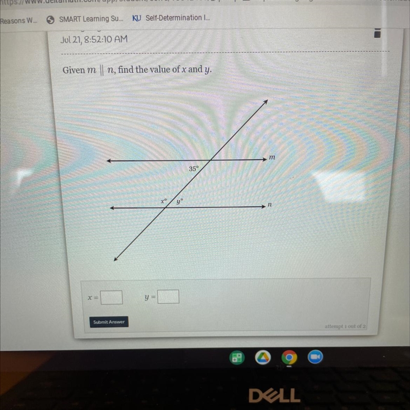 Given m n, find the value of x and y. m 35° x yº X= y = PLS HELP I’m kinda really-example-1