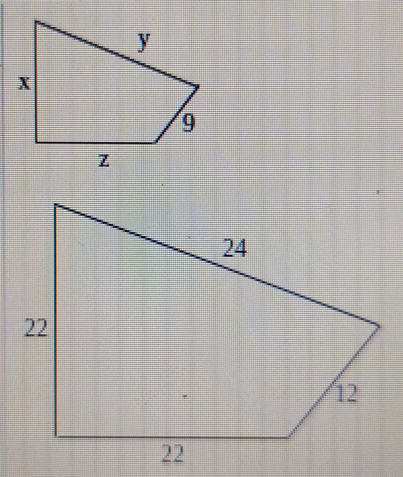 The figures below are similar. Find the length of x, y, and z. Type an integer or-example-1