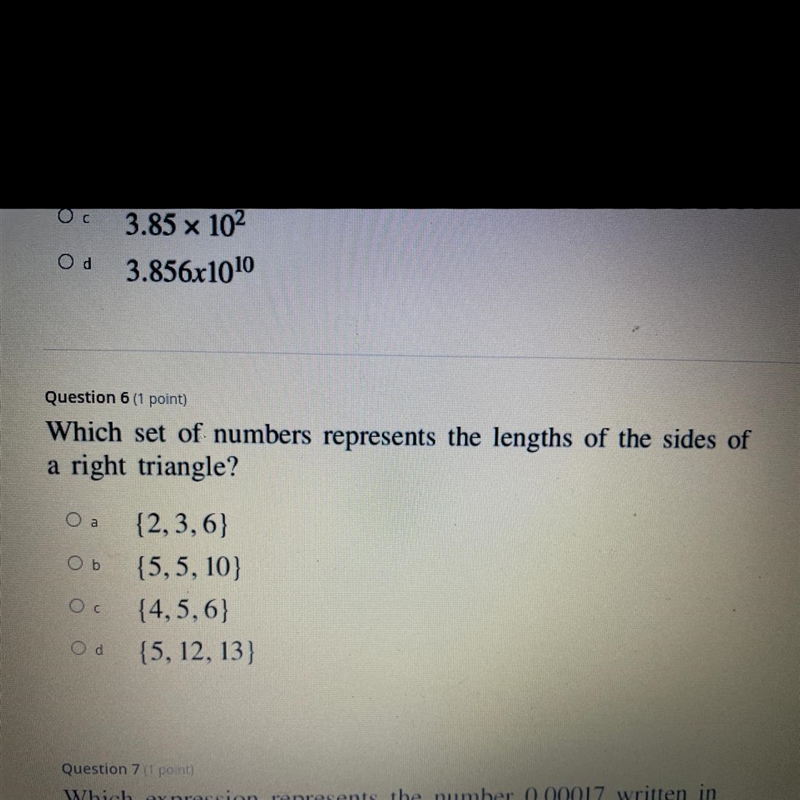 which set of numbers represent the lengths of the sides of a right triangle, 2,3,6/5,5,10/4,5,6/5,12,13?-example-1