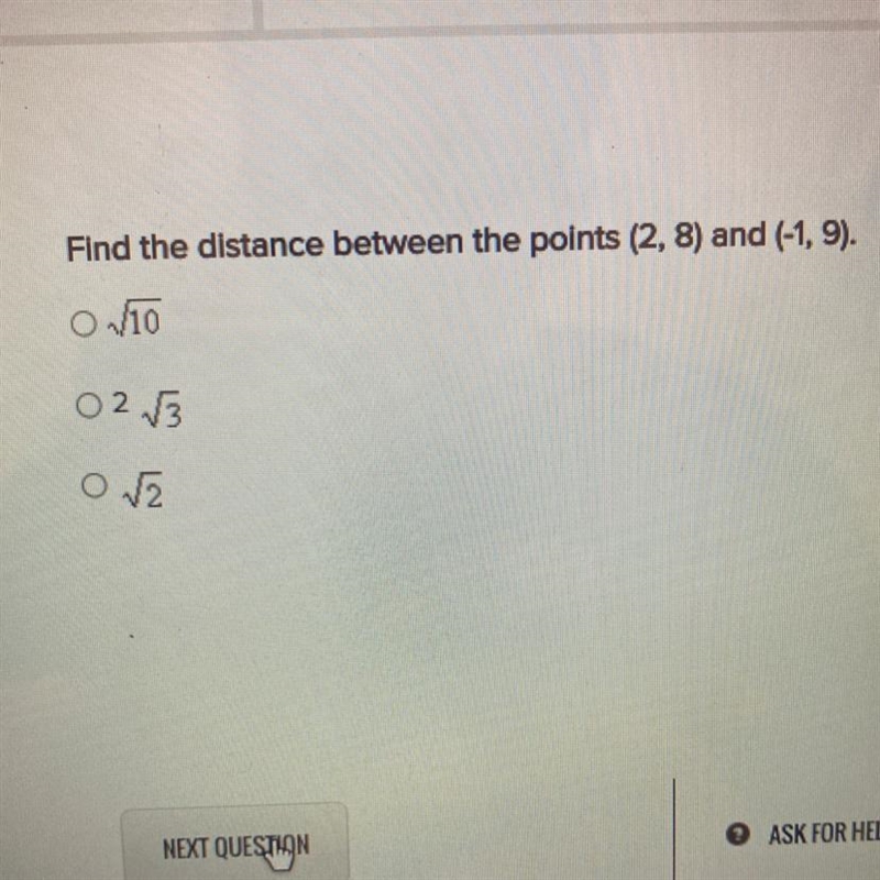 Find the distance between the points (2,8) and (-1,9).-example-1