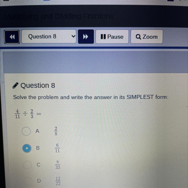 4/11 divided by 2/3 in simplest form-example-1