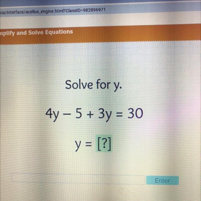 Solve for y. 4y - 5 + 3y = 30 y = [?]-example-1