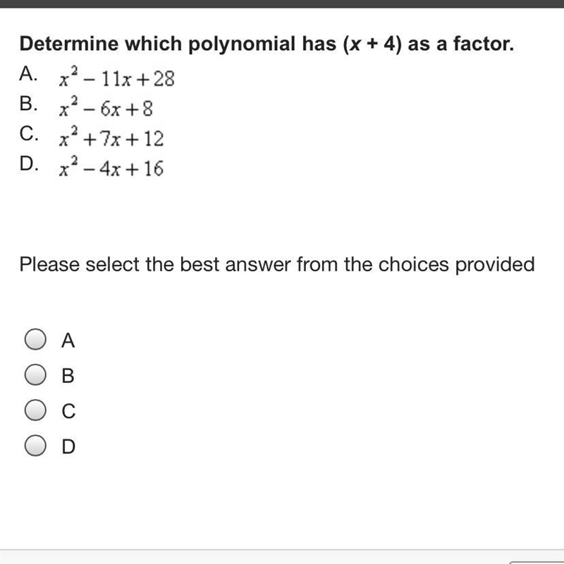 Determine which polynomial has (x + 4) as a factor.-example-1