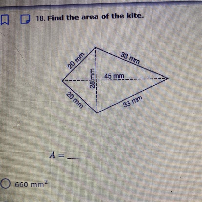 Find the area of the kite A) 660 mm2 B) 744.5 mm2 C) 630 mm2 D) 106 mm2 F) 1260 mm-example-1