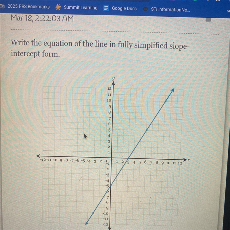 Write the equation of the line in fully simplified slope intercept form”-example-1