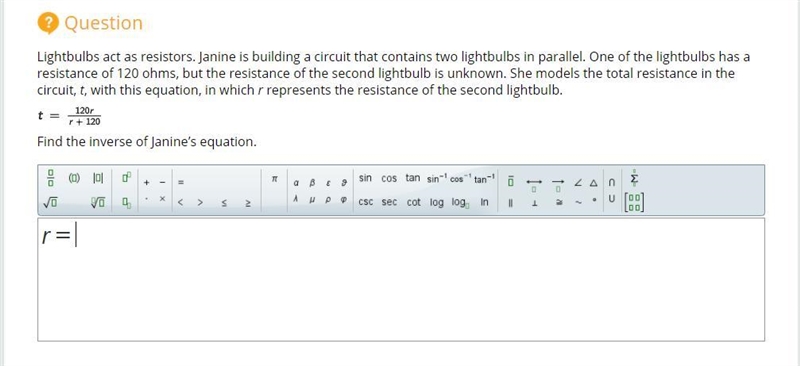 Inverse equation t=120r/r+120 R=???-example-1