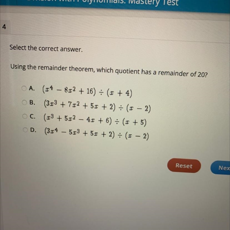 Using the remainder theorem which quotient has a remainder of 20￼￼?-example-1