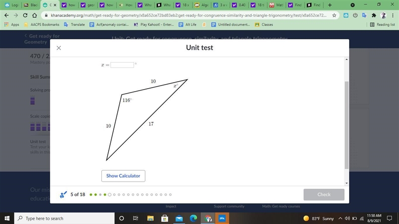 Find the value of x in the triangle shown below.-example-1