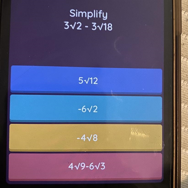 Simplify 3 square root of 2 - 3 square root of 18-example-1