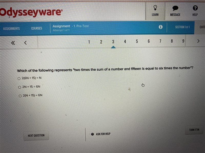 3. Which of the following represents two times the sum of a number and fifteen is-example-1