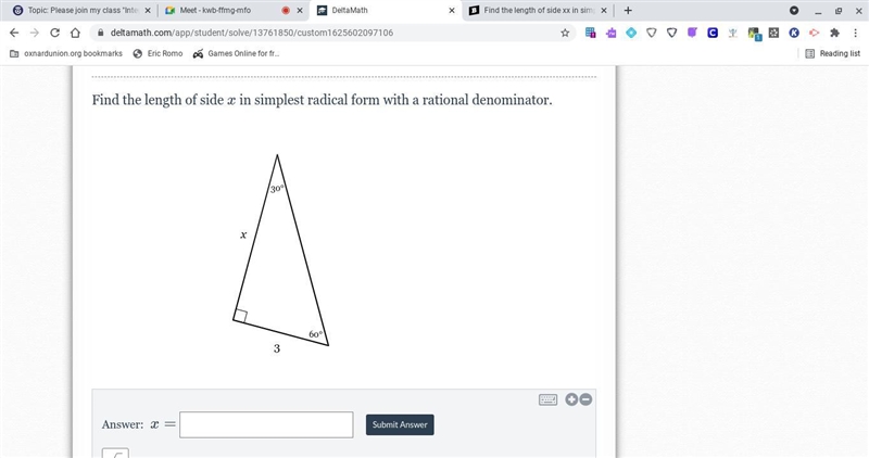 Find the length of side xx in simplest radical form with a rational denominator.-example-1