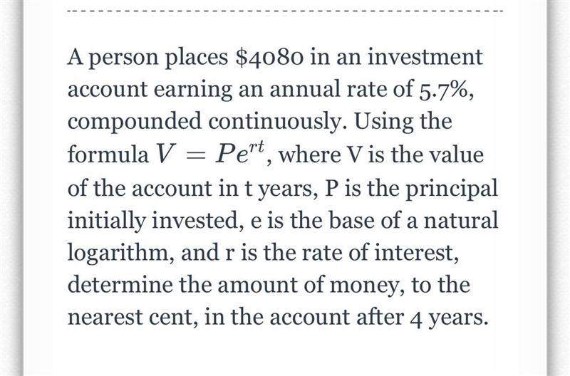 A person places $4080 in an investment account earning an annual rate of 5.7%, compounded-example-1