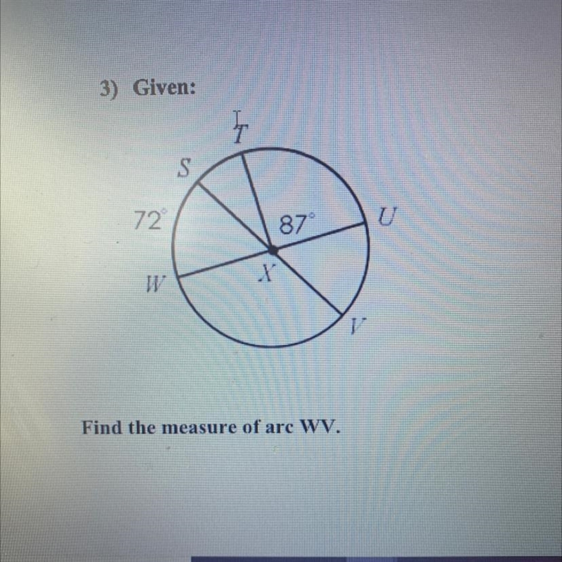 3) Given: Find the measure of arc WV.-example-1