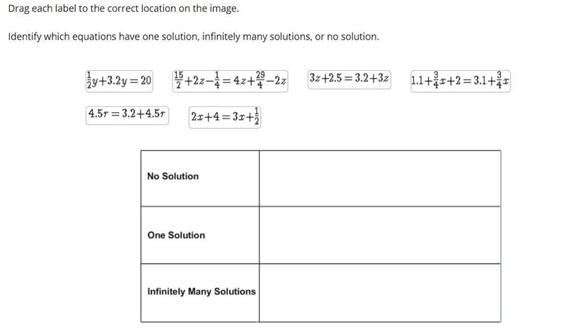 PLZ HELP Identify which equations have one solution, infinitely many solutions, or-example-1