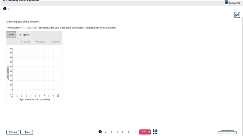 Make a graph of the situation. The equation $y=15x+20$ represents the cost $y$ (in-example-1