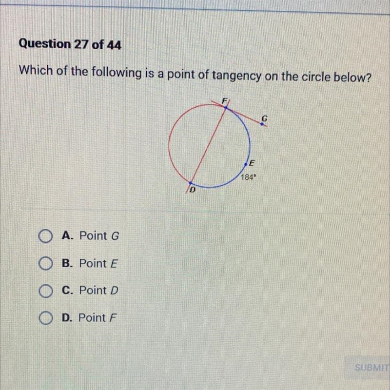 Which of the following is a point of tangency on the circle below?-example-1