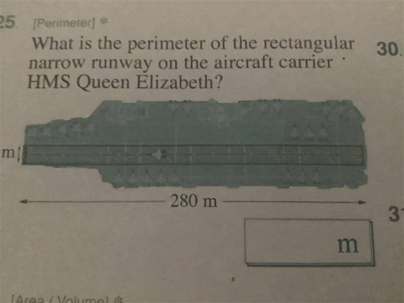 What is the perimeter of the rectangular narrow on the aircraft carrier HMS Queen-example-1