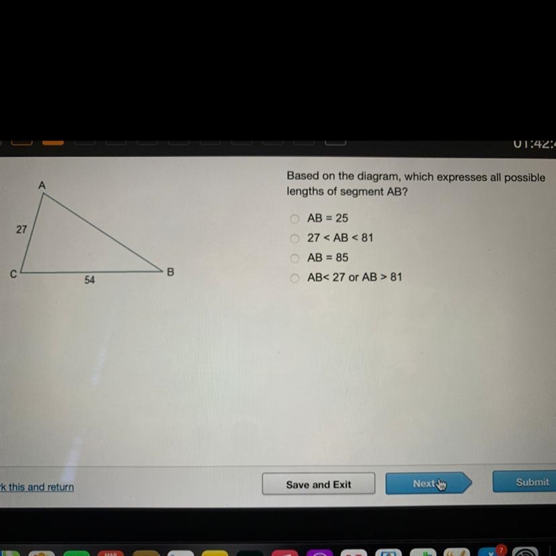 Based on the diagram, which expresses all possible lengths of segment AB? A. AB = 25 B-example-1