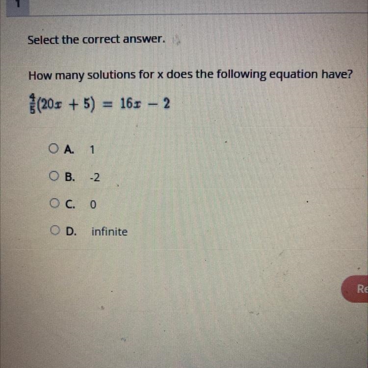 How many solutions for x does the following equation have? 4/5(20x + 5) = 16x - 2 A-example-1