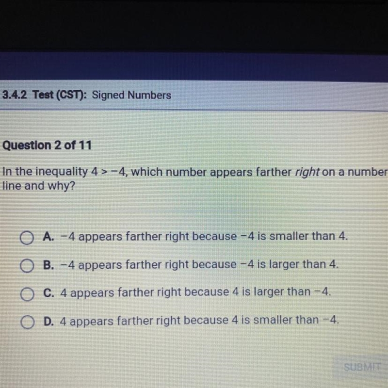 In the inequality 4>-4, which number appears farther right on a number line and-example-1