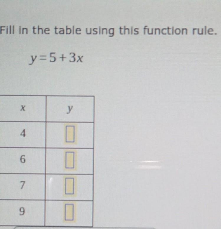 Fill in the table using this function rule. y=5+3x M 4 7 ​-example-1