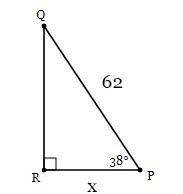 In ΔPQR, the measure of ∠R=90°, the measure of ∠P=38°, and PQ = 62 feet. Find the-example-1