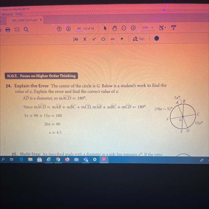 The center of the circle is G. Below is a student's work to find the value of x. Explain-example-1