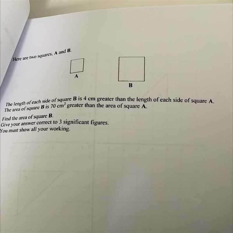 Aere are two squares. A and B. A B The length of each side of square B is 4 cm greater-example-1