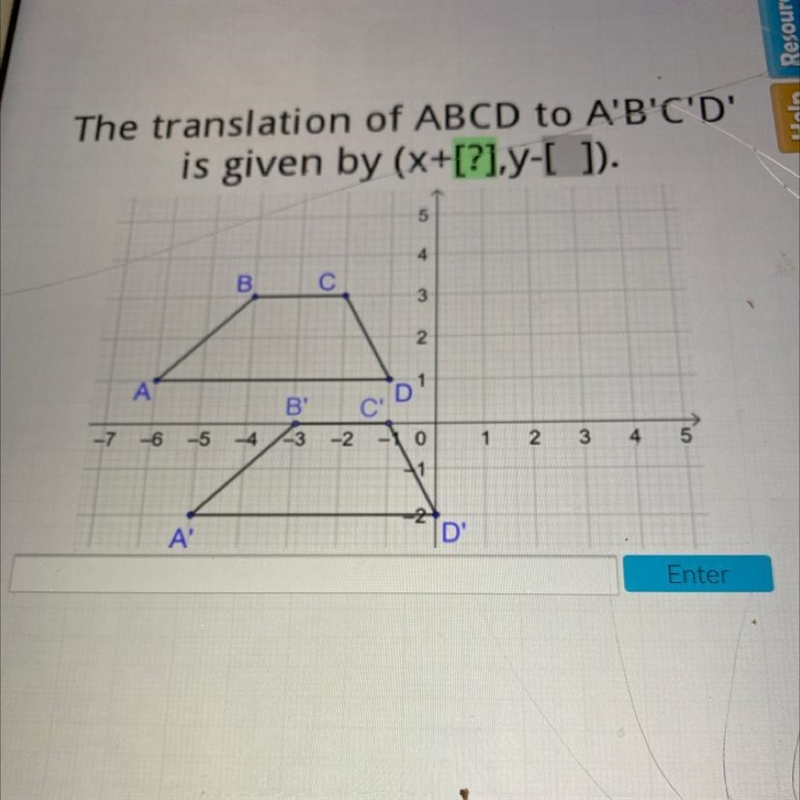 The translation of ABCD to A'B'C'D' is given by (×+[?].y-[ ]).-example-1