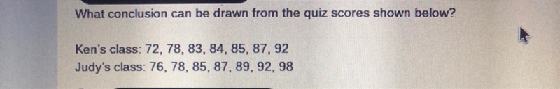 What conclusion can be drawn from the quiz scores shown below? Ken's class: 72, 78, 83, 84, 85, 87, 92 Judy-example-1