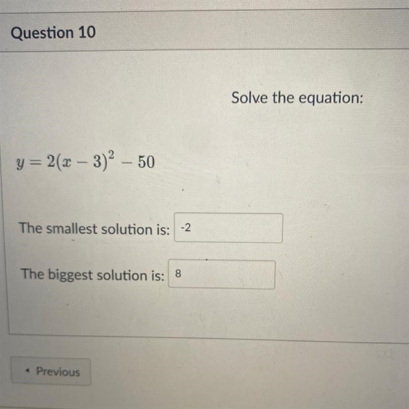 Solve the equation: thank you! y= 2(x – 3)2 – 50-example-1