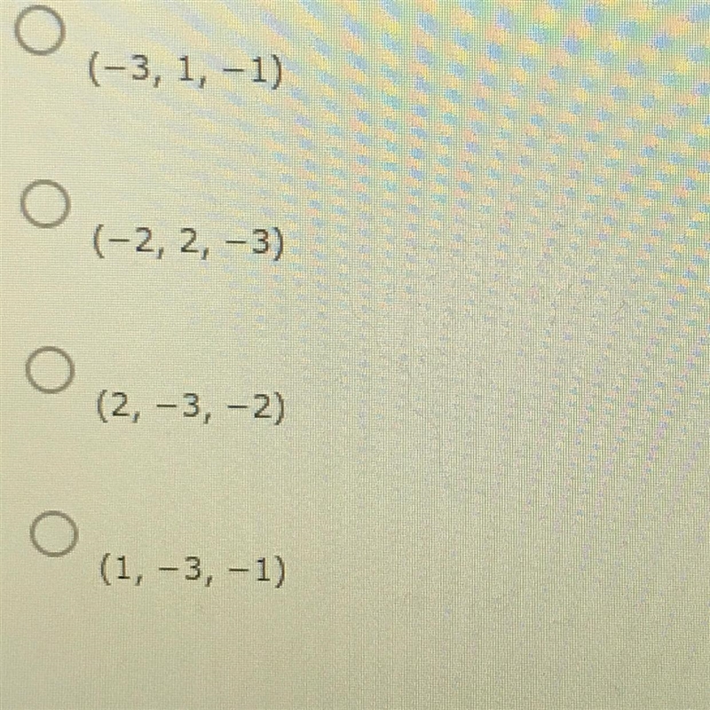 20 points!!! What is the solution to the system (1) x+y+z=-3 (2)3y-z=4 (3) 2x-y-2z-example-1