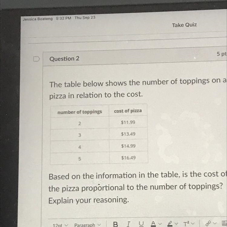 The table shows the number of toppings on a pizza crust and relation to the cost Based-example-1