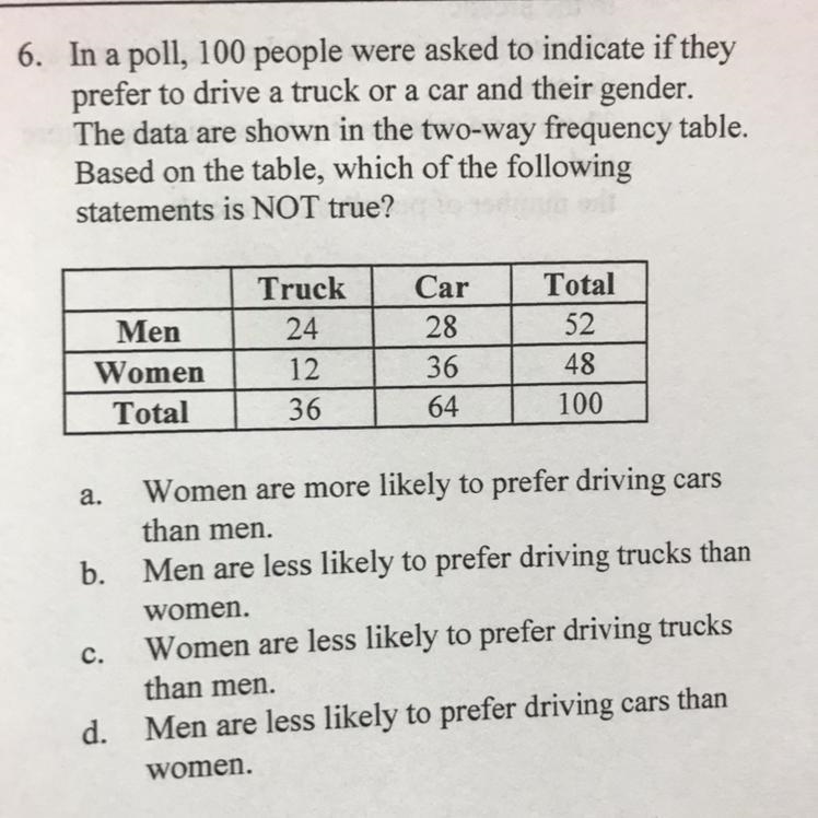 I’m a poll, 100 people were asked to indicate if they prefer to drive a truck or car-example-1