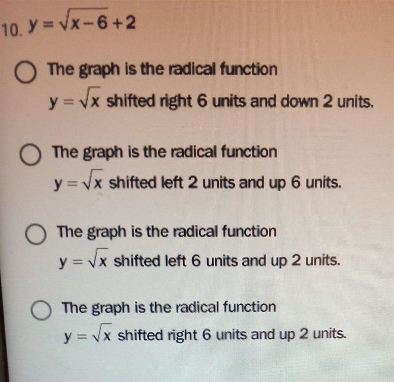 Help!!!!! Describe the graph of the function. y = VX-6 +2 I NEED HELP ASAP​-example-1