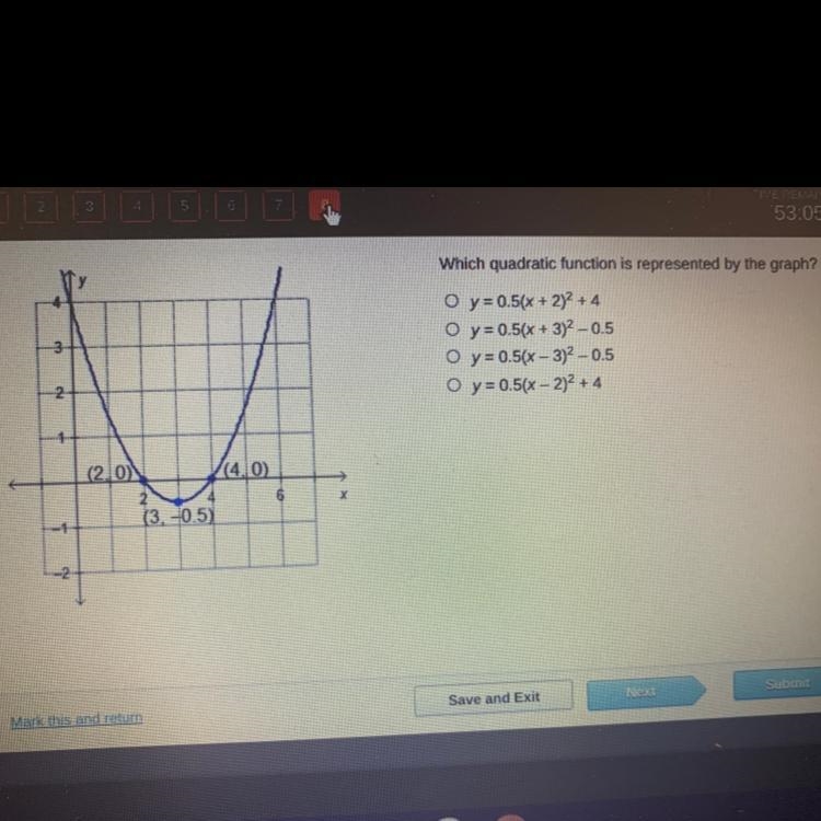 Which quadratic function is represented by the graph? -3 O y = 0.5(x + 2)2 + 4 o y-example-1