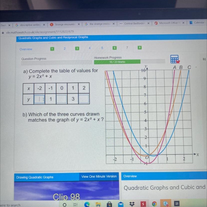 15/23 Marks y 10- 600 A B C a) Complete the table of values for y = 2x2 + x 9 Х -2 -1 o-example-1