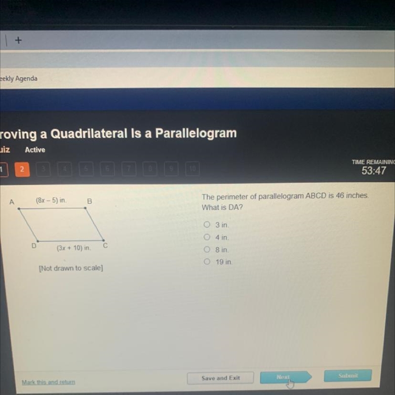 А (8x - 5) in B The perimeter of parallelogram ABCD is 46 inches. What is DA? O 3 in-example-1