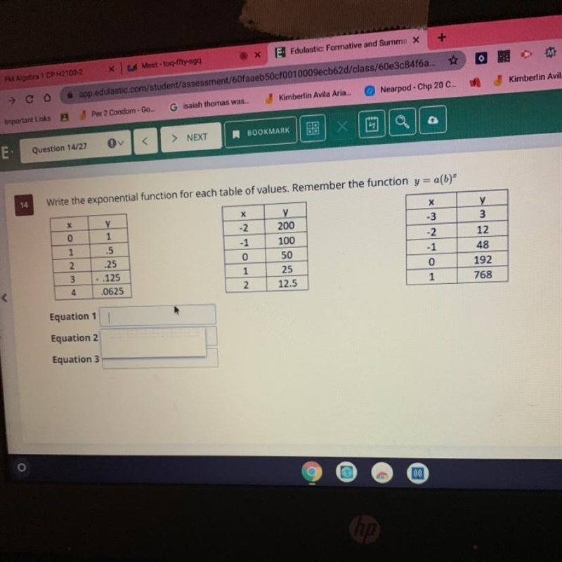 Write the exponential function for each table of values. Remember the function y = a-example-1