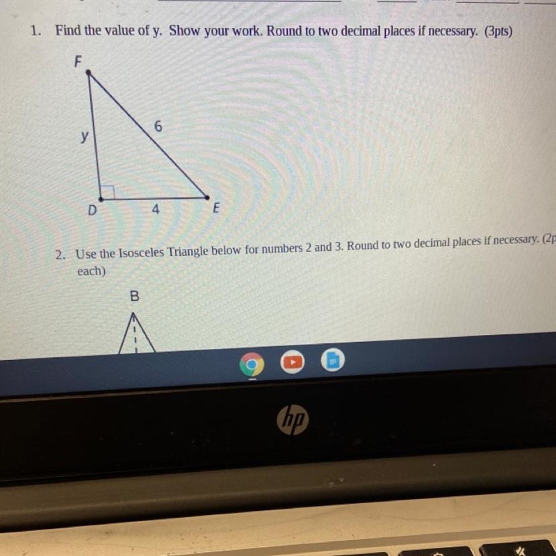 Find the value y. Show your work. Round to two decimal places if necessary.-example-1