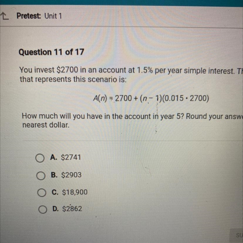 HELPPPP You invest $2700 in an account at 1.5% per year simple interest. The equation-example-1