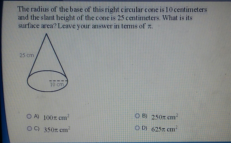 The radius of the base of this right circular cone is 10 centimeters and the slant-example-1